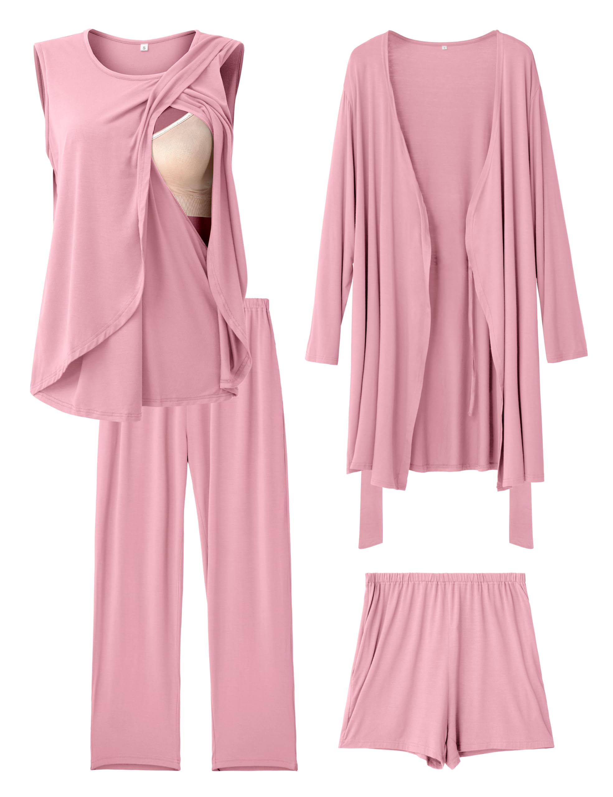 SUNNYBUY Set di 4 pigiami premaman per allattamento con kimono, invisibile, per casa e tempo libero, gravidanza e allattamento