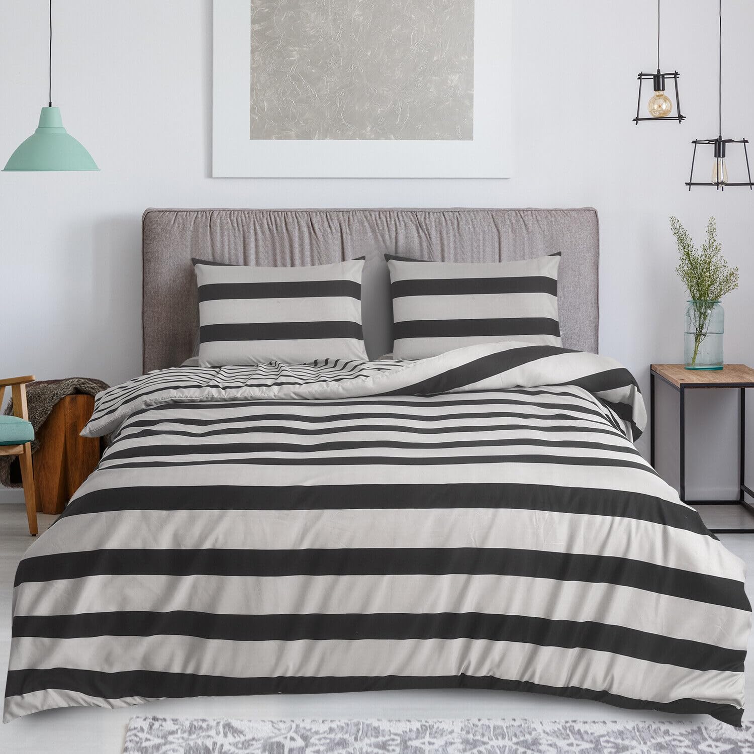 SAIMAZ 4 Piece Printed Bedding Set Duvet Cover, Deep Fitted Sheet & 2 Pillowcases Single, Double, King, Super King Sizes Soft Microfiber, Wrinkle-Resistant, Easy Care (Double, Classic Stripe)