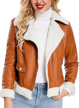 Womens Faux Leather Jacket - Womens Bomber Aviator Moto Biker Pilot PU Flying Teddy Sherpa Fur Trim Soft Fur Collar Lined Smart Casual Warm Coat Color Brown, Size XX-Large