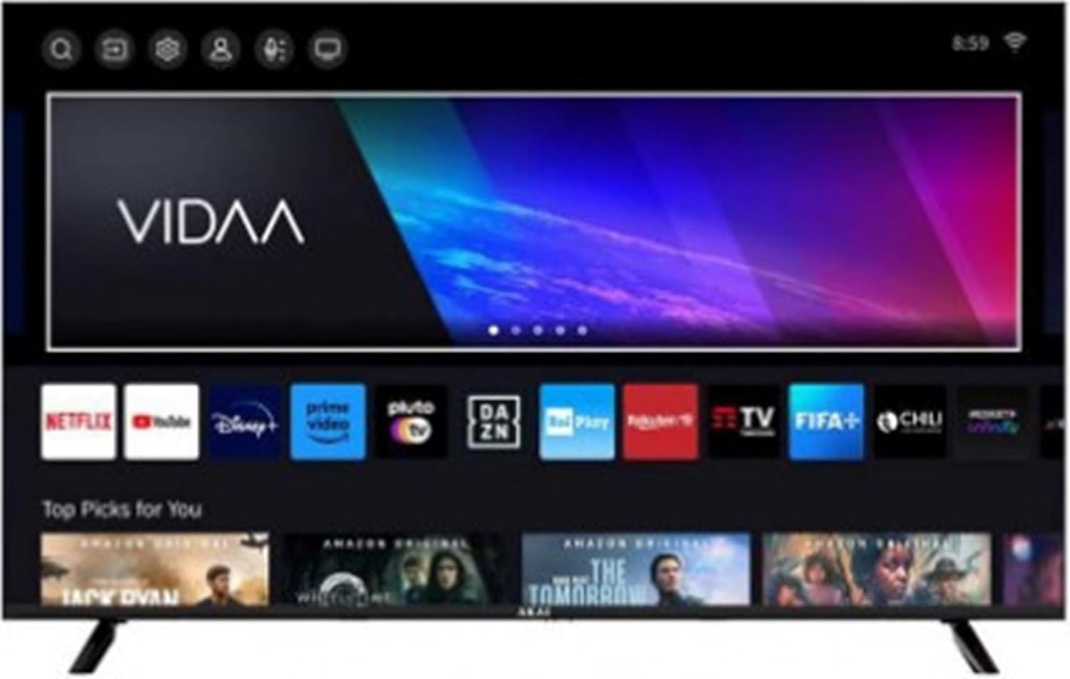 AKAI AKTV407QM Smart TV displaying the VIDAA interface with app icons for Netflix, YouTube, Disney+, Prime Video, DAZN, Rai Play, Rakuten TV, FIFA+, and CHU.