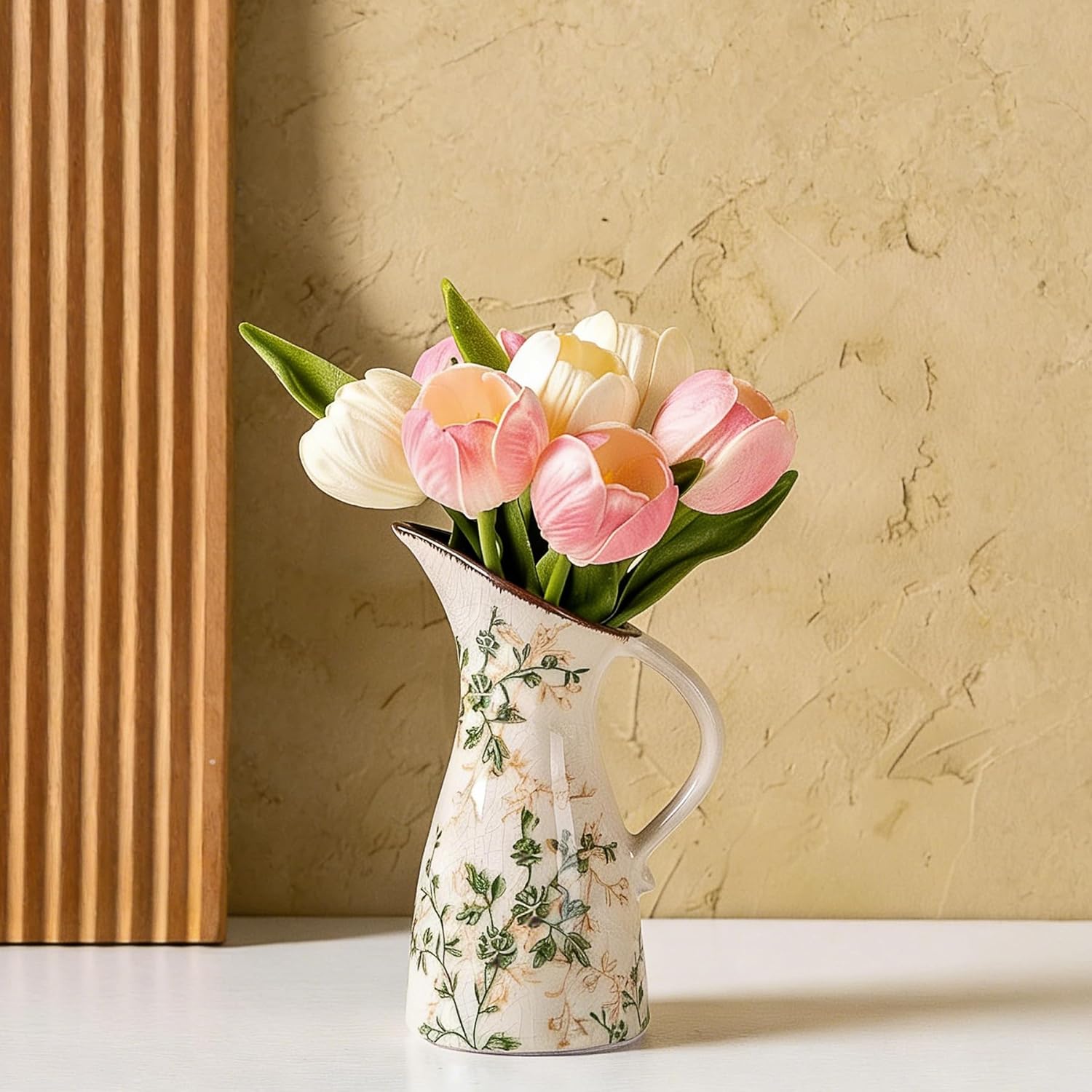 SURE YUESI Green and Beige Pitcher Vase, Handcrafted Pastoral Ceramic Floral Vase, Vintage Farmhouse Flower Vase for Home Decor, Chinoiserie Tuscan Cottage Core Decor, Rustic Table Centerpiece 7.3 in