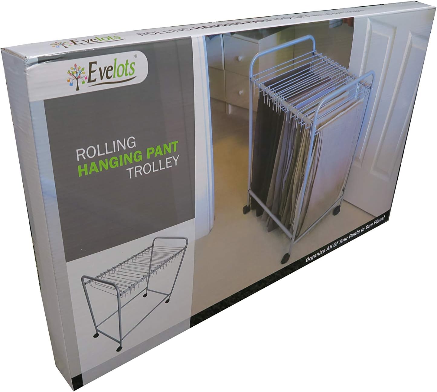 Evelots Rolling Trolley,18 Removable Pant Hangers, Trouser Organizer,Silver