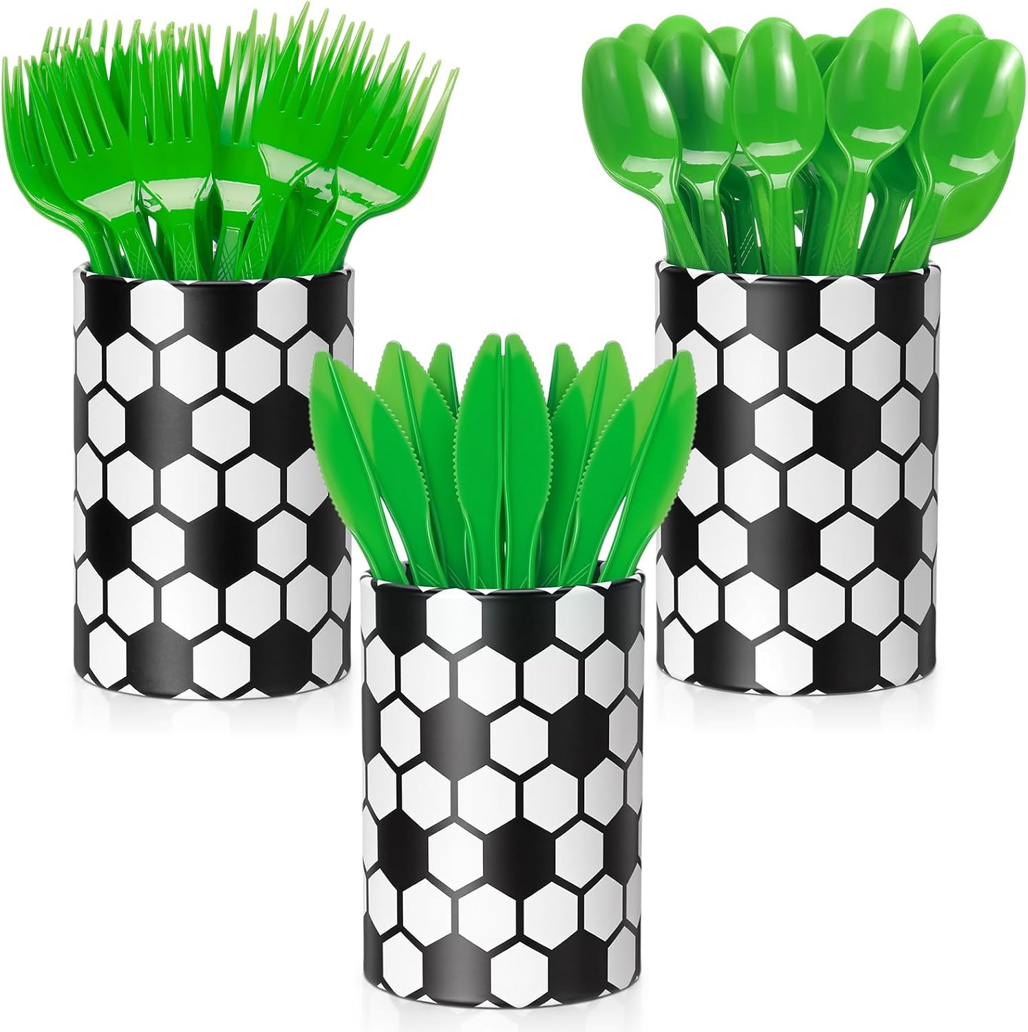 3 Set Soccer Party Supplies 3 Utensil Holders with 90 Disposable Green Forks Spoons and Knives Kit Sports Cutlery Set for Soccer Birthday Party Decoration