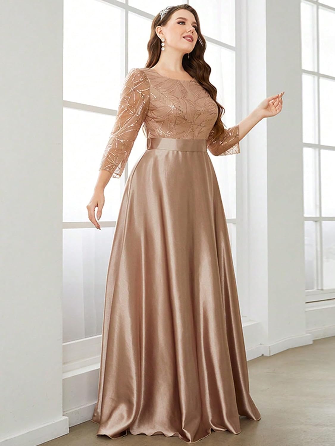 Women's Plus Size Sequin Embellished with Satin A-line Hem 3/4 Sleeves Formal Evening Gown Maxi Long Dress - Image 5