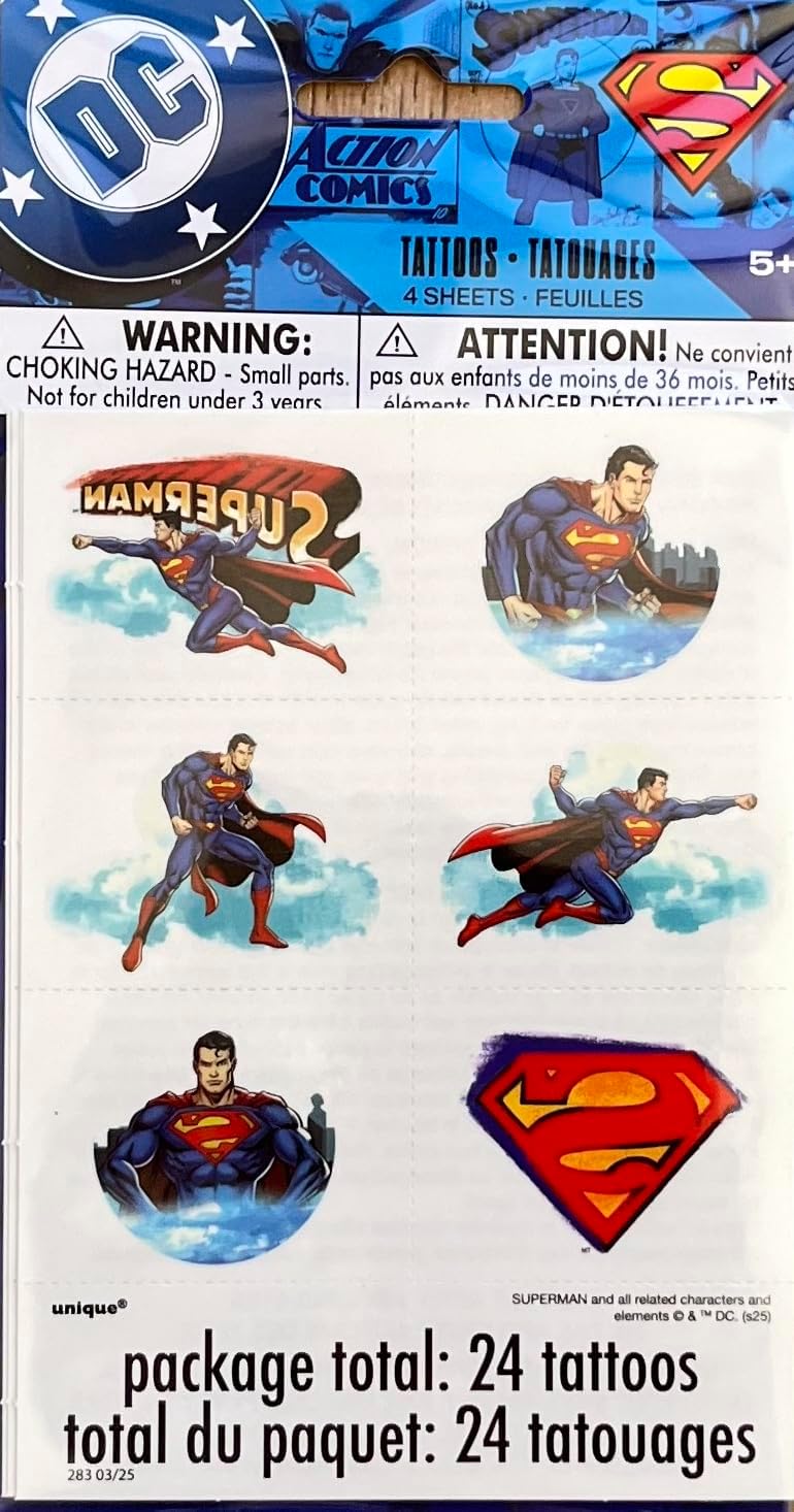 Unique Superman Birthday Party Supplies Bundle includes 8 Loot Bags, 8 Plastic Novelty Glasses, 24 Tattoos image 5