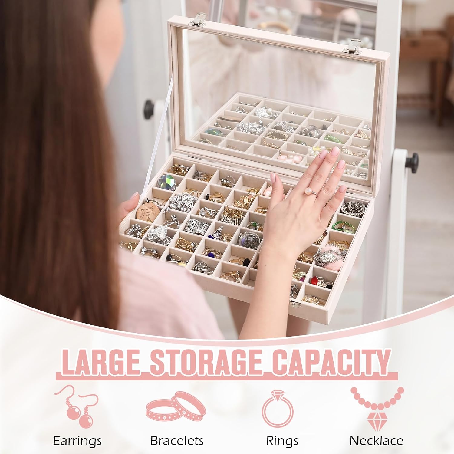 Nosiny 2 Pcs 48 Grid Jewelry Tray with Transparent Lid, Rock Collection Box
