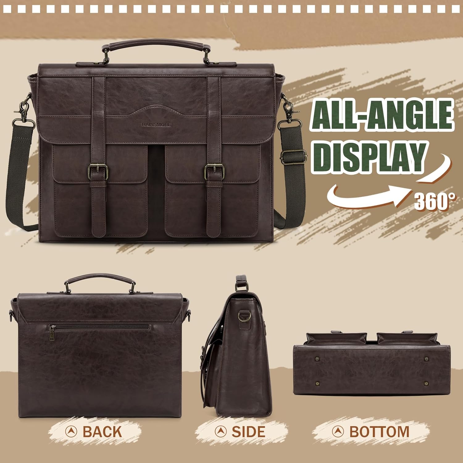 RAINSMORE Mens Messenger Bag 17 Inch Vintage Leather Laptop Briefcase Magnetic Closure Large Satchel Computer Shoulder Bag - Image 8