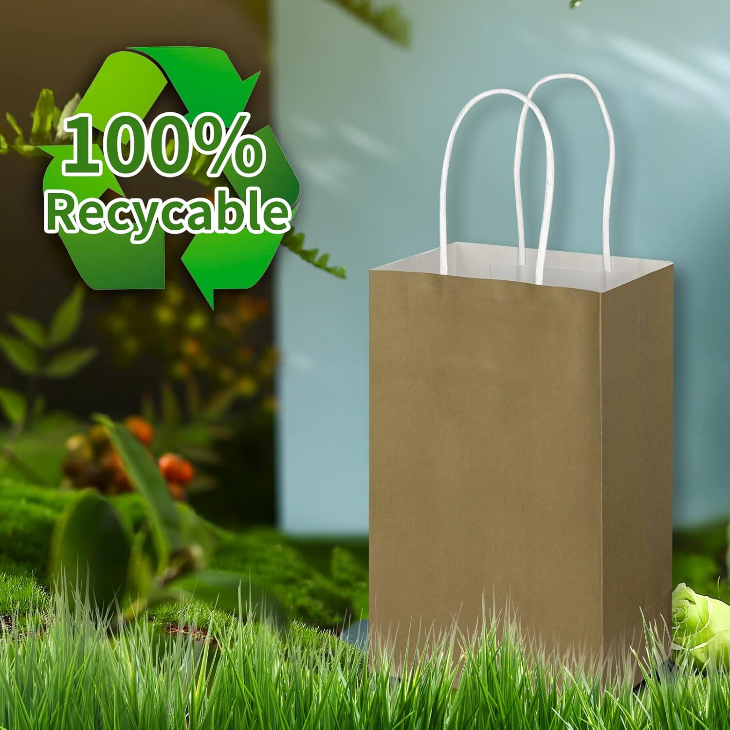 Toovip 100 Pack 5.25x3.25x8.25 Inch Small Gold Kraft Paper Bags with Handles Bulk, Gift Wrap Bags for Favor Grocery Retail Party Birthday Shopping Business Goody Craft Merchandise Take Out Cub Sacks