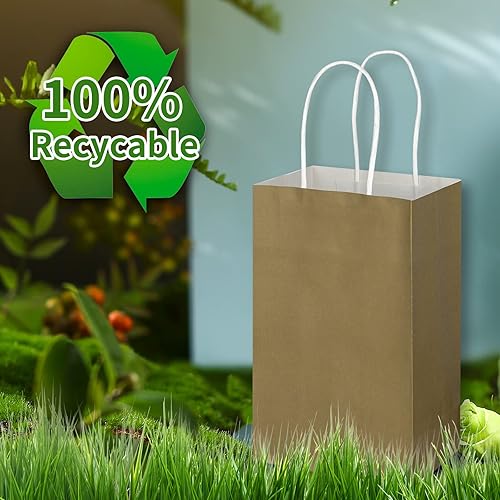 Miniatura 4 de Toovip Paquete de 50 bolsas pequeñas de papel kraft doradas de 5.25 x 3.25 x 8.25 pulgadas con asas a granel, bolsas de regalo para regalos de