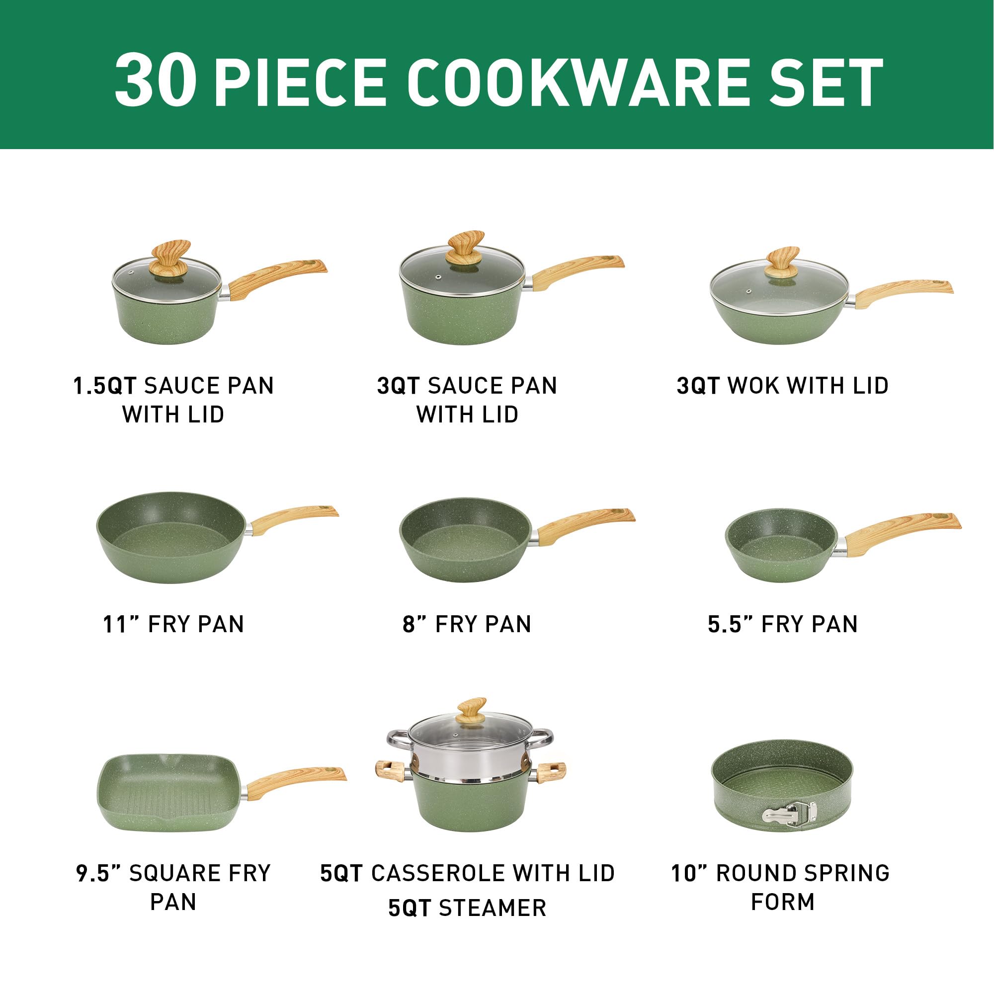 Kitchen Academy Set di Pentole e Padelle Antiaderenti, Set di Pentole e Padelle 30Pezzi, Set di Padelle a Induzione, Pentole Antiaderenti in Granito (Verde)