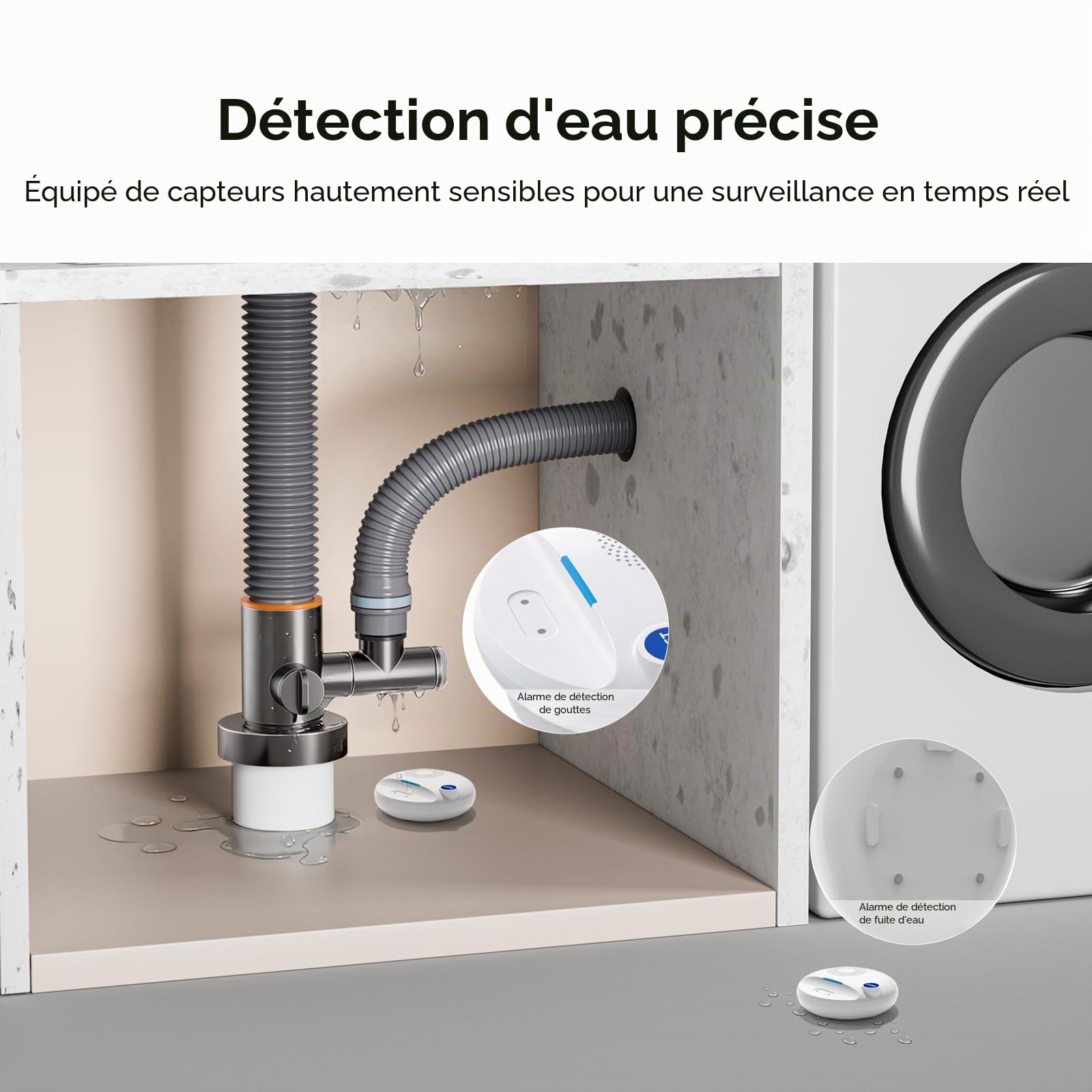 PGST - Détecteur de Fuite d'eau et d'Inondation Connecté WiFi 2.4 GHz, Bluetooth, Compatible Tuya Smart et Smartlife, IP67,Capteur de Fuite d'eau pour Cuisine, Salle de Bain, sous-Sol