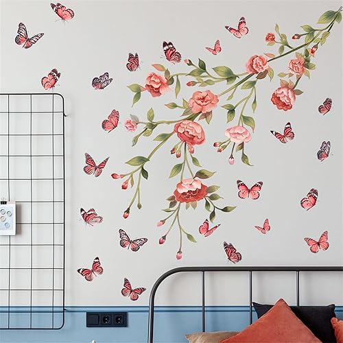 Adhesivo de pared de flores rojas con diseño de mariposas revoloteantes, decoración de pared de plantas florales, papel tapiz para despegar y pegar, disponible en Yaxa Peru