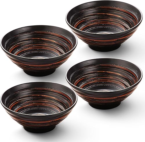 YUN TAO Ceramic Ramen Bowls Set of 4, 35 oz Large Japanese Style Serving Bowls for Salad,Udon, Soba, Pho,Pasta, Asian Soup Noodle (Black - Set of 4)