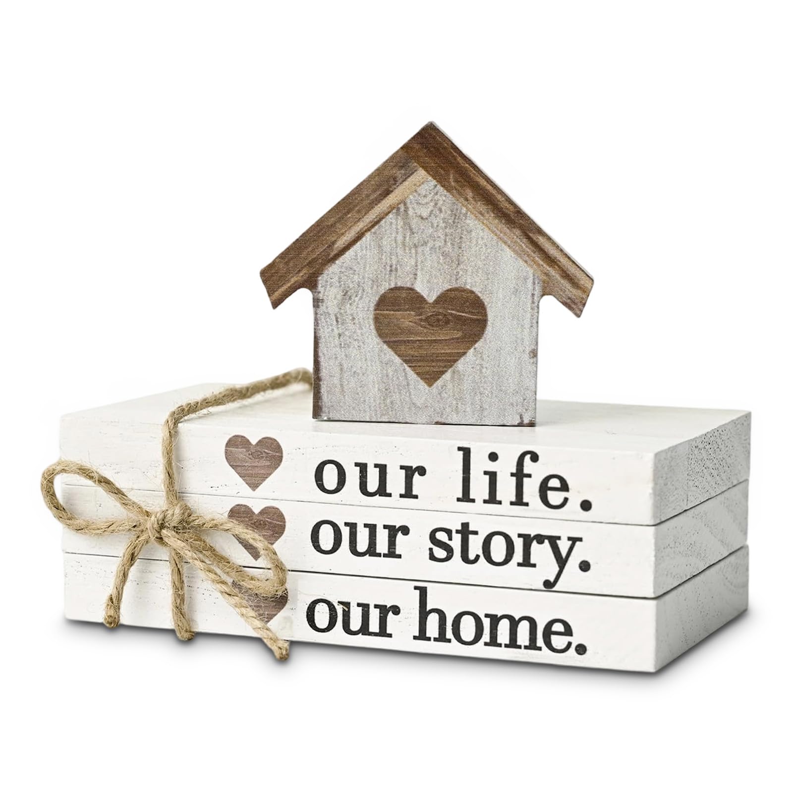 4 PCS Decorative Books Wooden Ornaments, Our Life Our Story Our Home Sign, White Ornaments for Living Room, Decorative Home Accessories Gifts for Family Friends