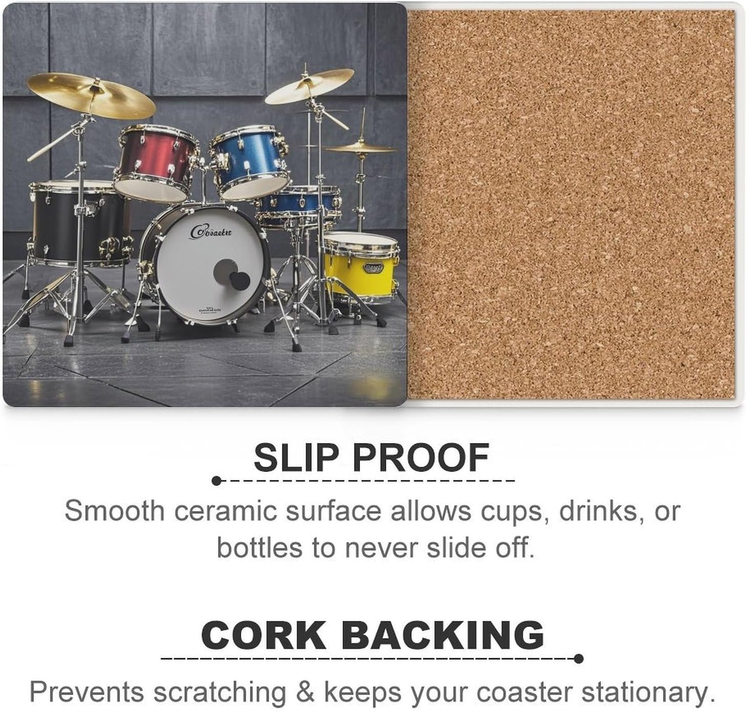 Cool Drum Set Coasters Absorbent Ceramic Coasters for Drinks Coaster with Cork Backing for Table Protection Square Drink Cup Mat Modern Style Coaster for Coffee Table