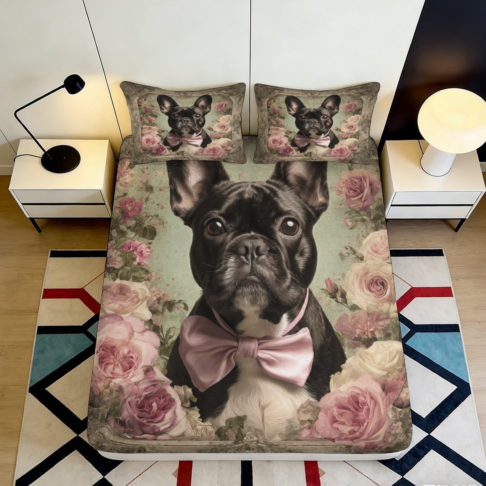 3D Printed French Bulldog Fitted Sheet Microfiber Soft Breathable Floral Bed Cover for Bedroom Dormitory Guest Room Mattress Protection Decor 120x200x25cm