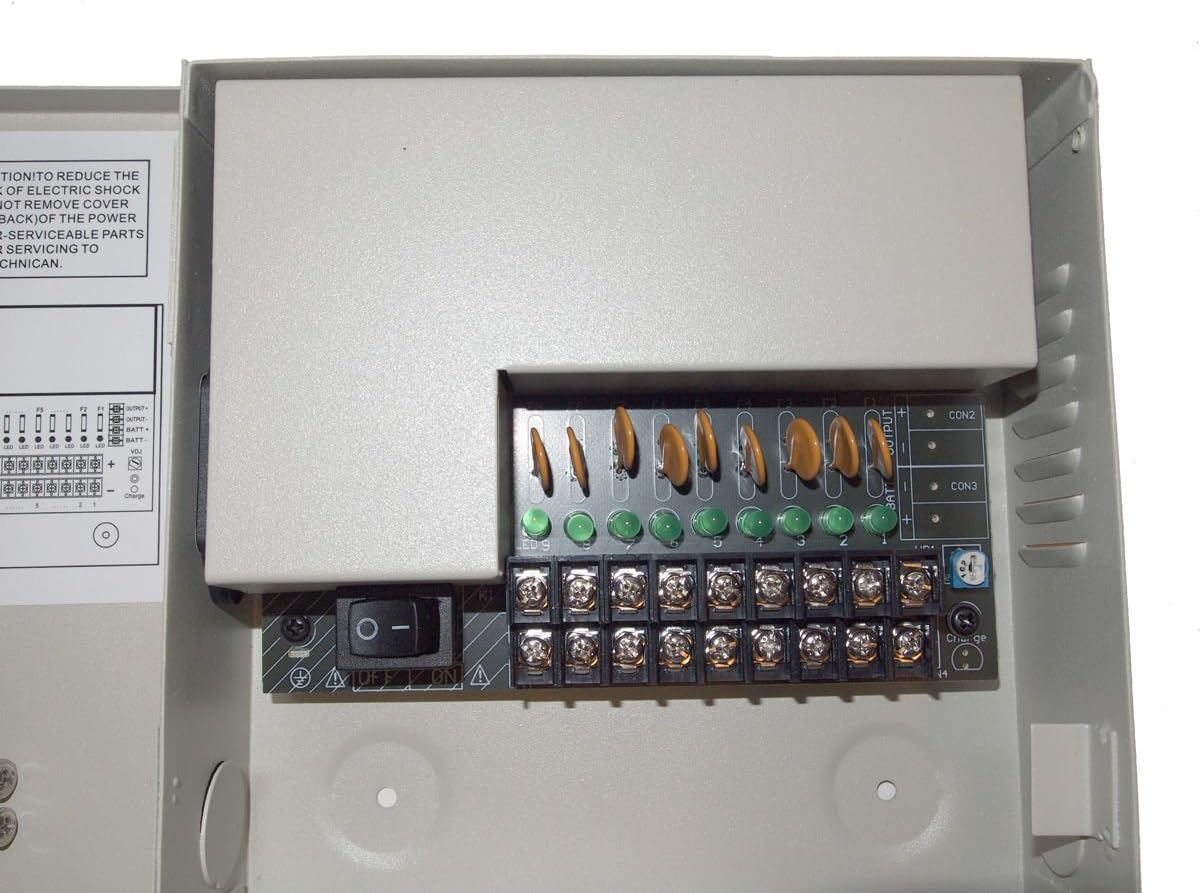 Evertech 8 Channel Port 12V DC 5 Amp Amper with PTC Fuse Distributed Power Supply Box for CCTV DVR Security System and Camera or Cameras with 9 Pcs. male power jack