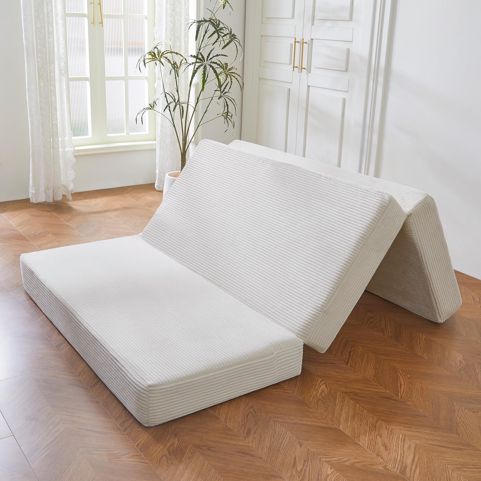 MAXYOYO Folding Corduroy Mattress, Tri Fold Floor Mattress 10cm thick with Washable Cover,Foldable in Three,Space-Saving for Guest (Beige, Double)