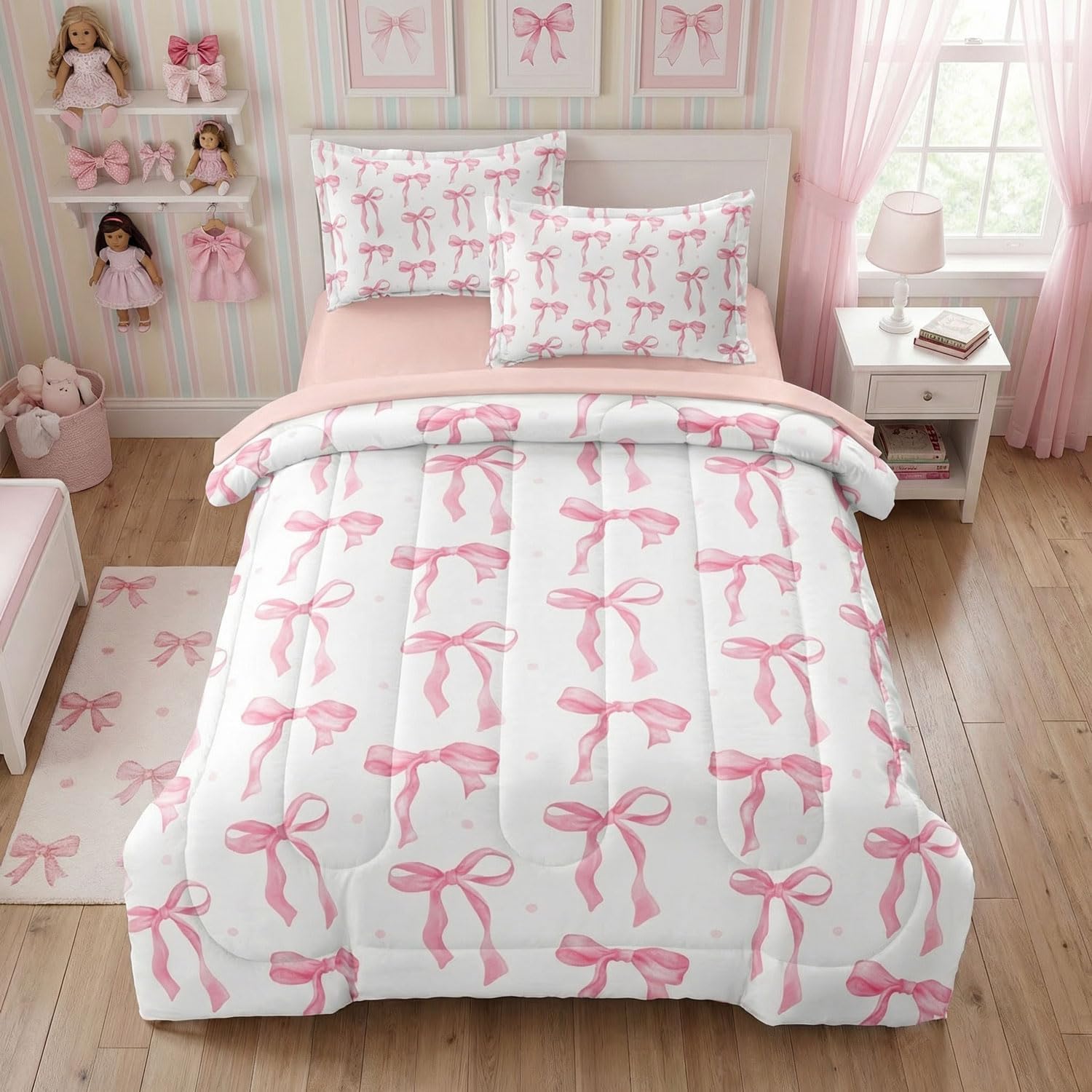 Pink Twin Comforter Set for Girls Princess Bow Knot Bed Set Girly Bedding Cute Ribbon Bow Decor for Teen Girls Room