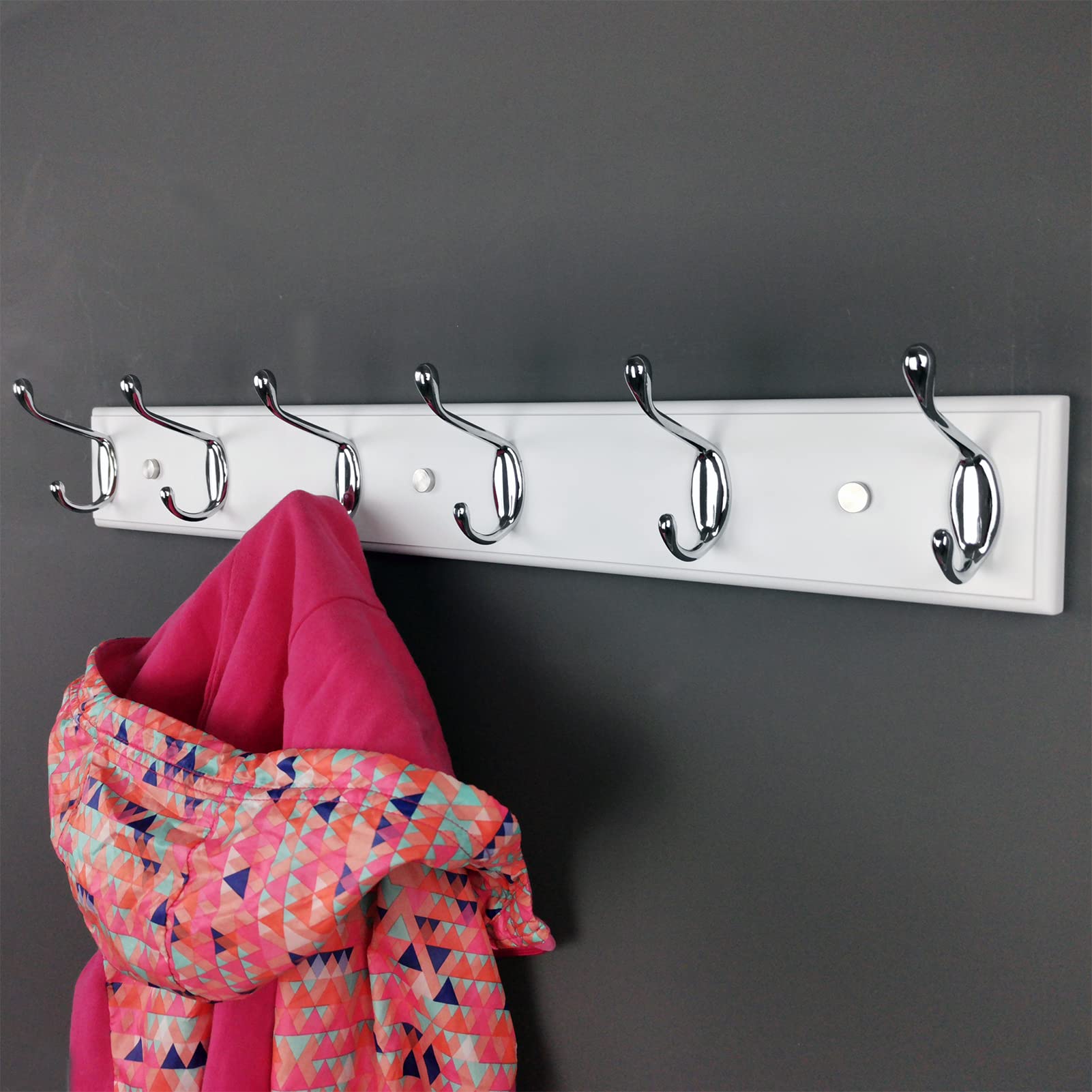 Porte-manteau mural de 58 cm avec 6 crochets argentés, cintre mural en bois blanc pour entrée, couloir, chambre à coucher, chambre d'enfant