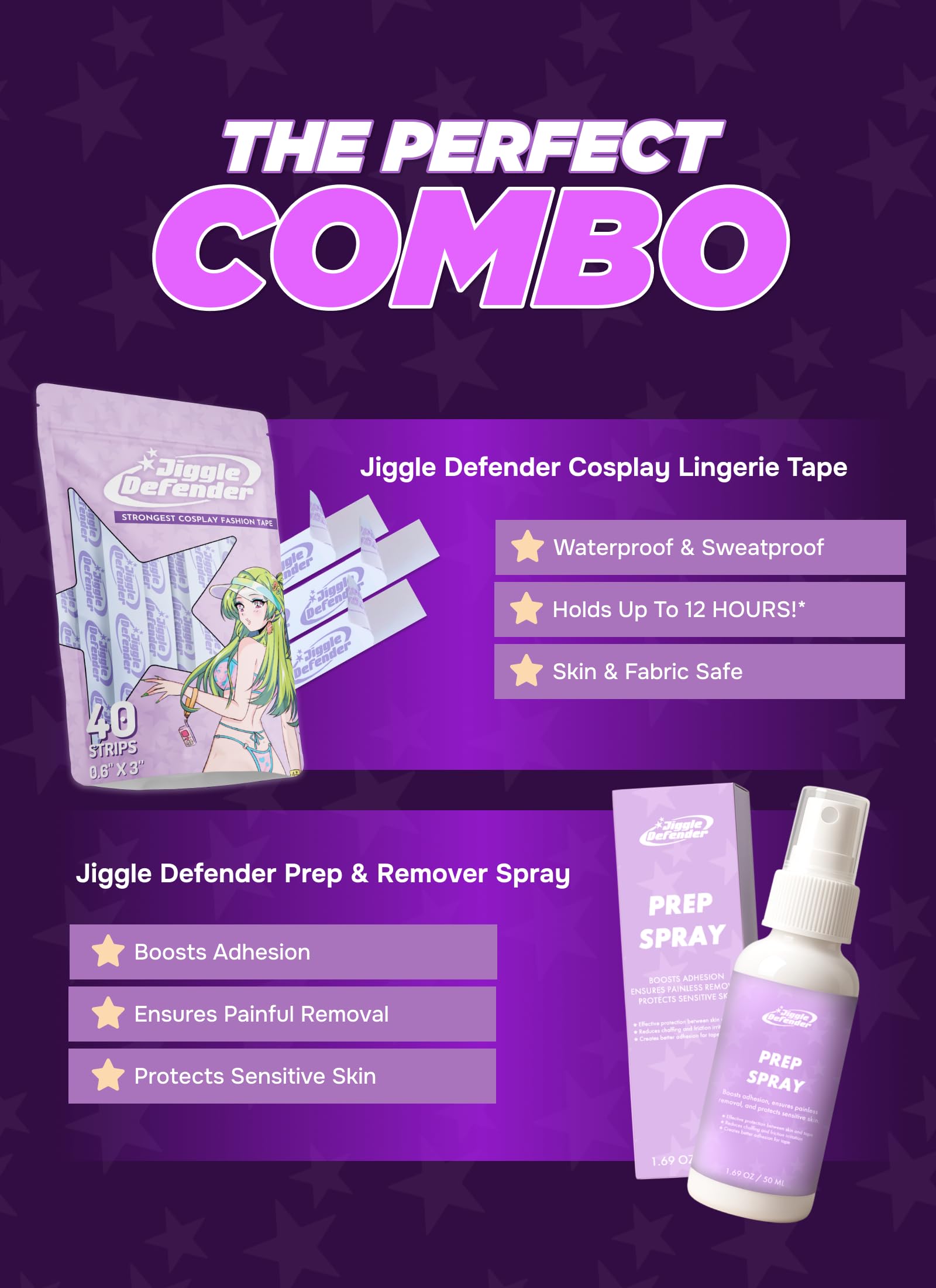 MOEFLAVOR Jiggle Defender - First Cosplay Lingerie Tape for Cosplayers - Heavy Duty Fabric Tapes for Fashion, Halloween & Holidays - Ultra Sticky 12 Hr Strength: Body Tape and Remover Combo