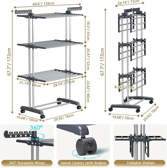 Upgraded 4-Tier Clothes Drying Rack, Drying Rack Clothing with Wheels