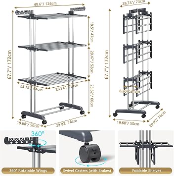 Upgraded 4-Tier Clothes Drying Rack, Drying Rack Clothing with Wheels