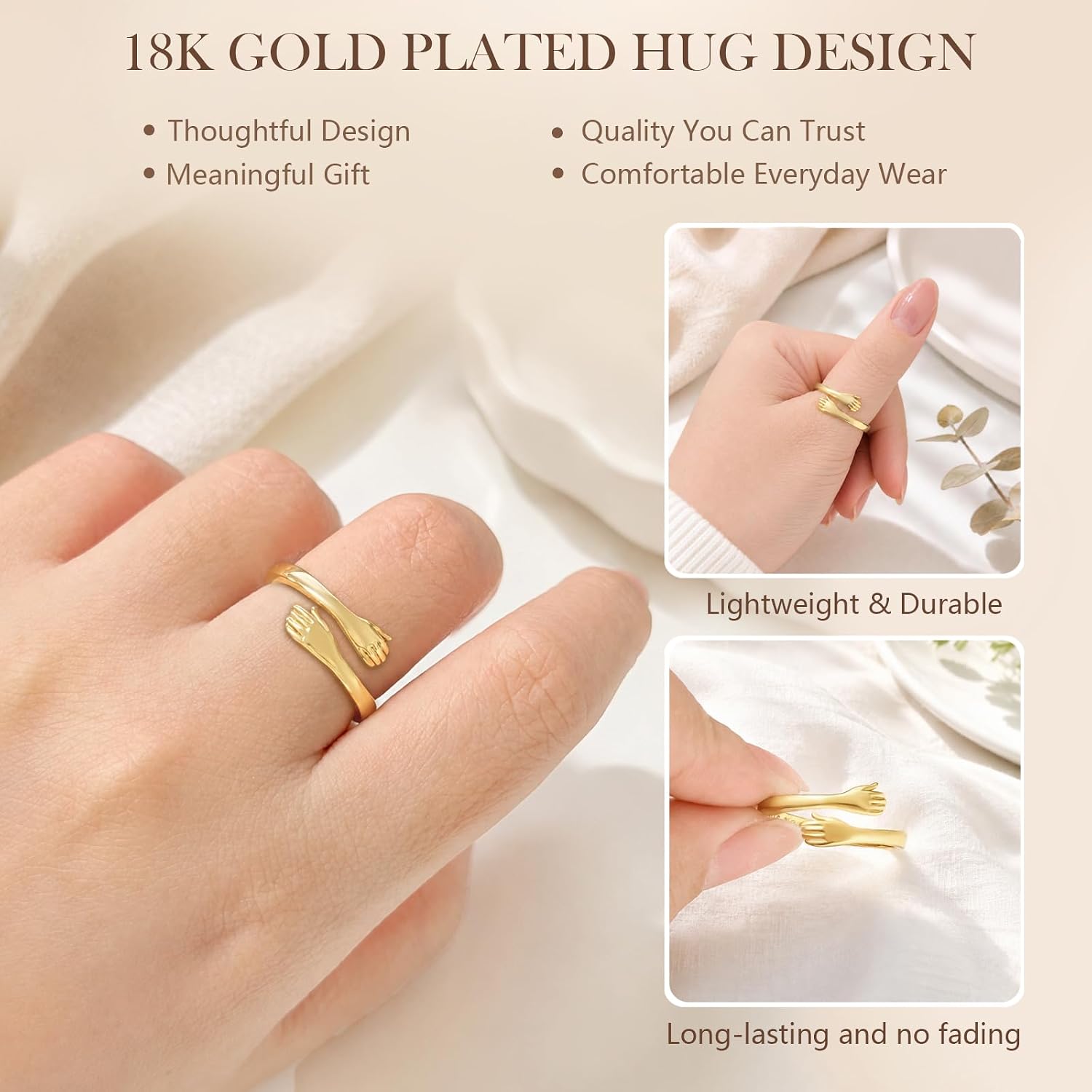 YLT 18K Gold Plated Hug Ring Adjustable Hugging Hands Gift for Women | Open Ring Meaningful Jewelry Symbolizes Love & Protection, Gift for Mom Daughter Wife, Birthday Valentine's Day