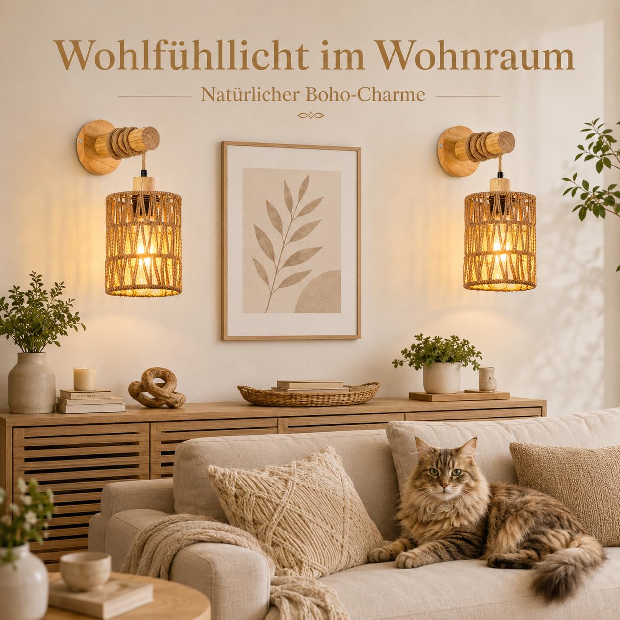 2er-Pack Vintage-Boho-Wandleuchten aus Holz und Rattan, E27 | Handgeflochtener Schirm, Festverdrahtet Wandlampe Vintage, Boho für Schlafzimmer, Wohnzimmer, Flur und Treppenhaus