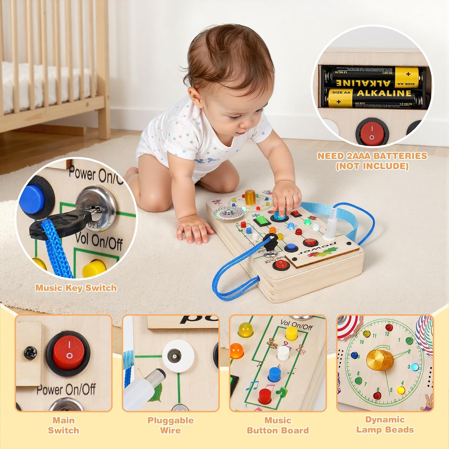 Montessori Wooden Busy Board with LED Light Up Switches & Music and Spinning Top, Toddler Sensory Educational Fidget Board, for 1+ Year Old Baby and Toddler