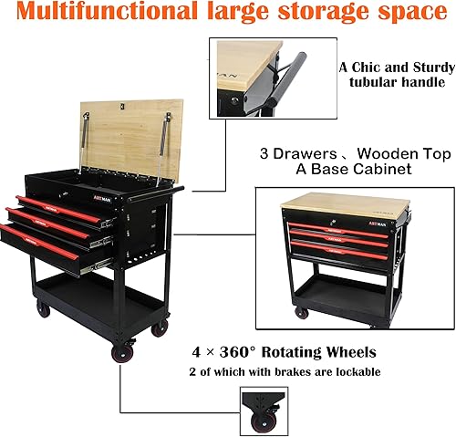 Miniatura 3 de nifoti Carrito de herramientas de 3 cajones con ruedas, caja de almacenamiento de herramientas con parte superior de madera, caja de herramientas