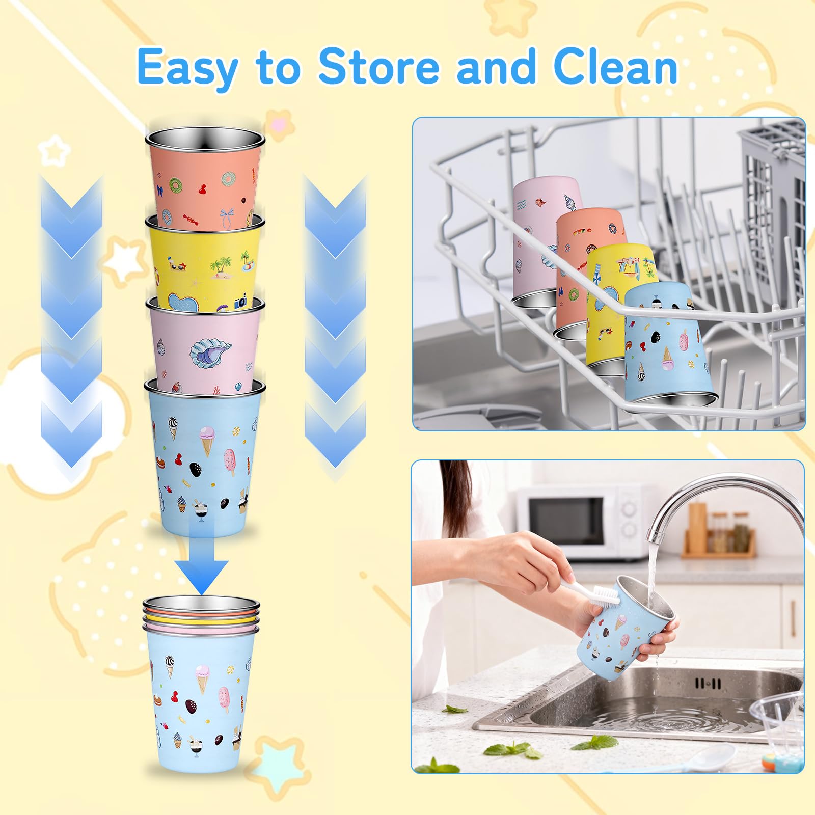 4 Pièces Gobelet Inox pour enfant, 350ml Tasse Enfant Réutilisables pour Garçons et Filles, Tasse Inox Incassable pour École, Maison, Plein Air(4 Estampes)