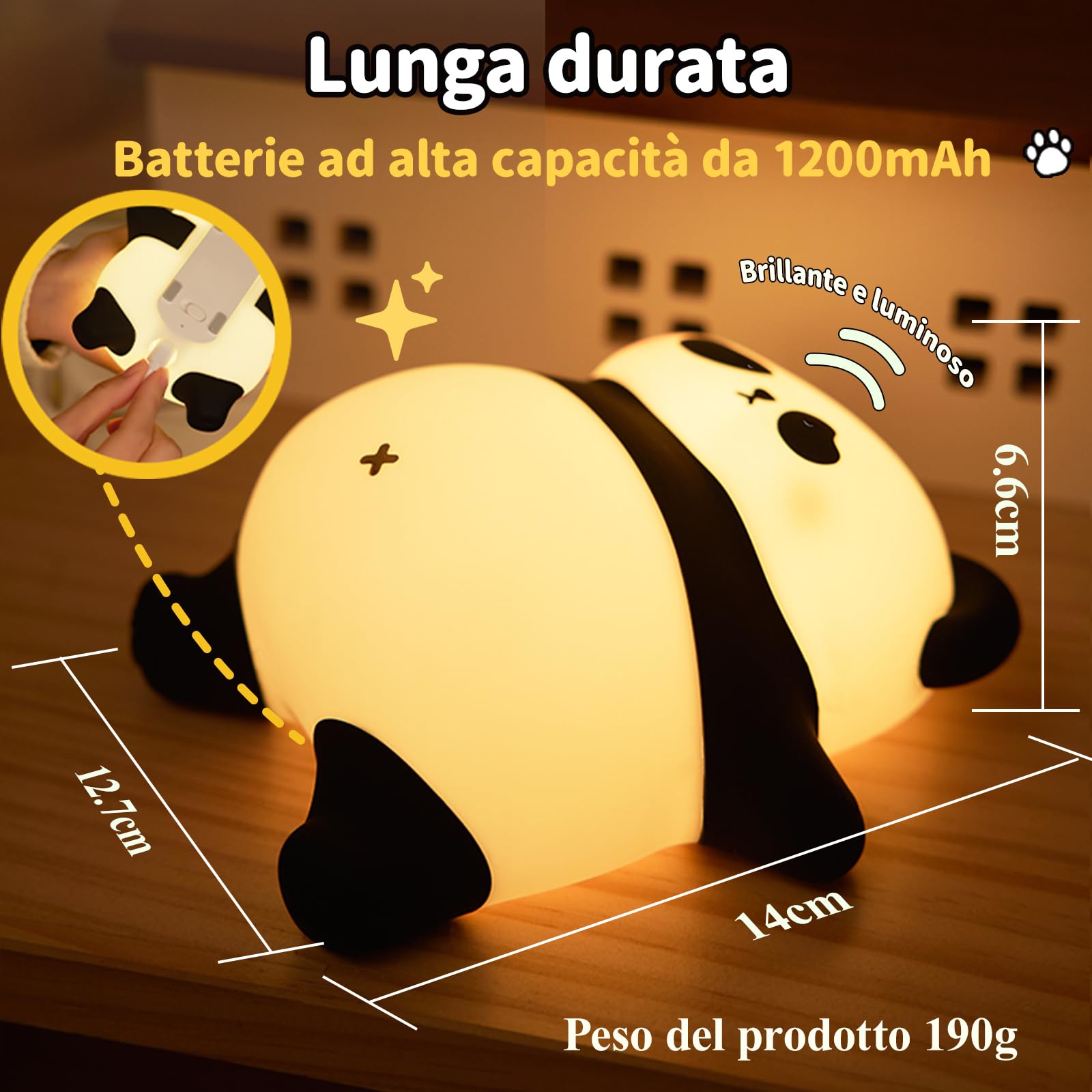 QIRAHQI Panda Luce Notturna Bambini, Ricaricabile USB Con Comandi Touch, 3 Livelli Di Luminosità, Timer Di 30 Minuti, Lampada Panda In Silicone, Lampada Da Comodino Per Decorare La Stanza Dei Bambini