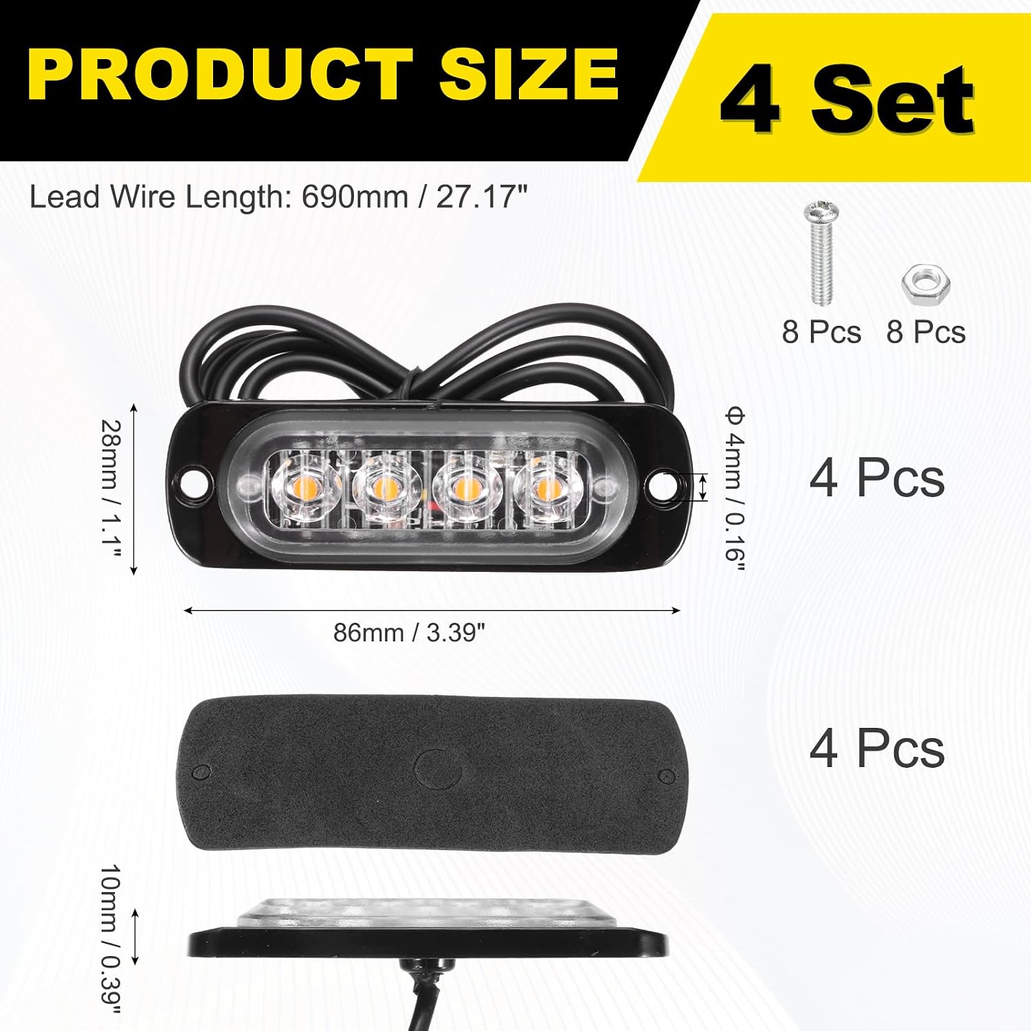 PATIKIL 4-LED Aluminum Strobe Lights, 4 Pack MIni Warning Strobe Lamps Car Truck Slim Flash Light for Vehicle LED Grille Head Warning Lamps, Yellow