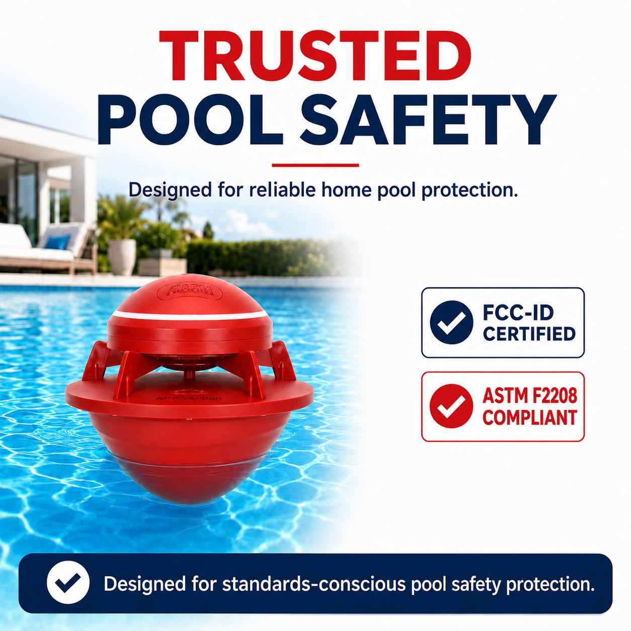 Alarme intelligente de piscine avec alertes d'application pour piscines creusées et hors sol, conforme à la norme ASTM F2208, alarme de sécurité flottante de 110 dB et plus, couvre 6,1 x 12,2 m