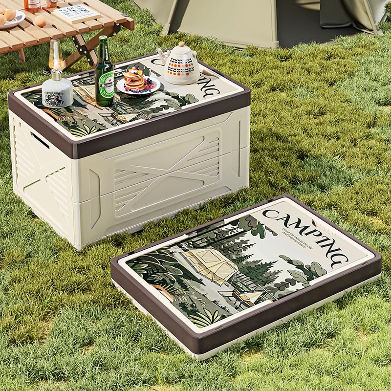 Zilnox コンテナ ボックス 取っ手付き 折り畳み キャンプ 折りたたみコンテナ 木製の蓋付き 収納ボックス 大容量 強い耐荷重 収納 組み立て簡単 ホワイト 1個 M 幅44.5×奥行30×高さ23.8cm
