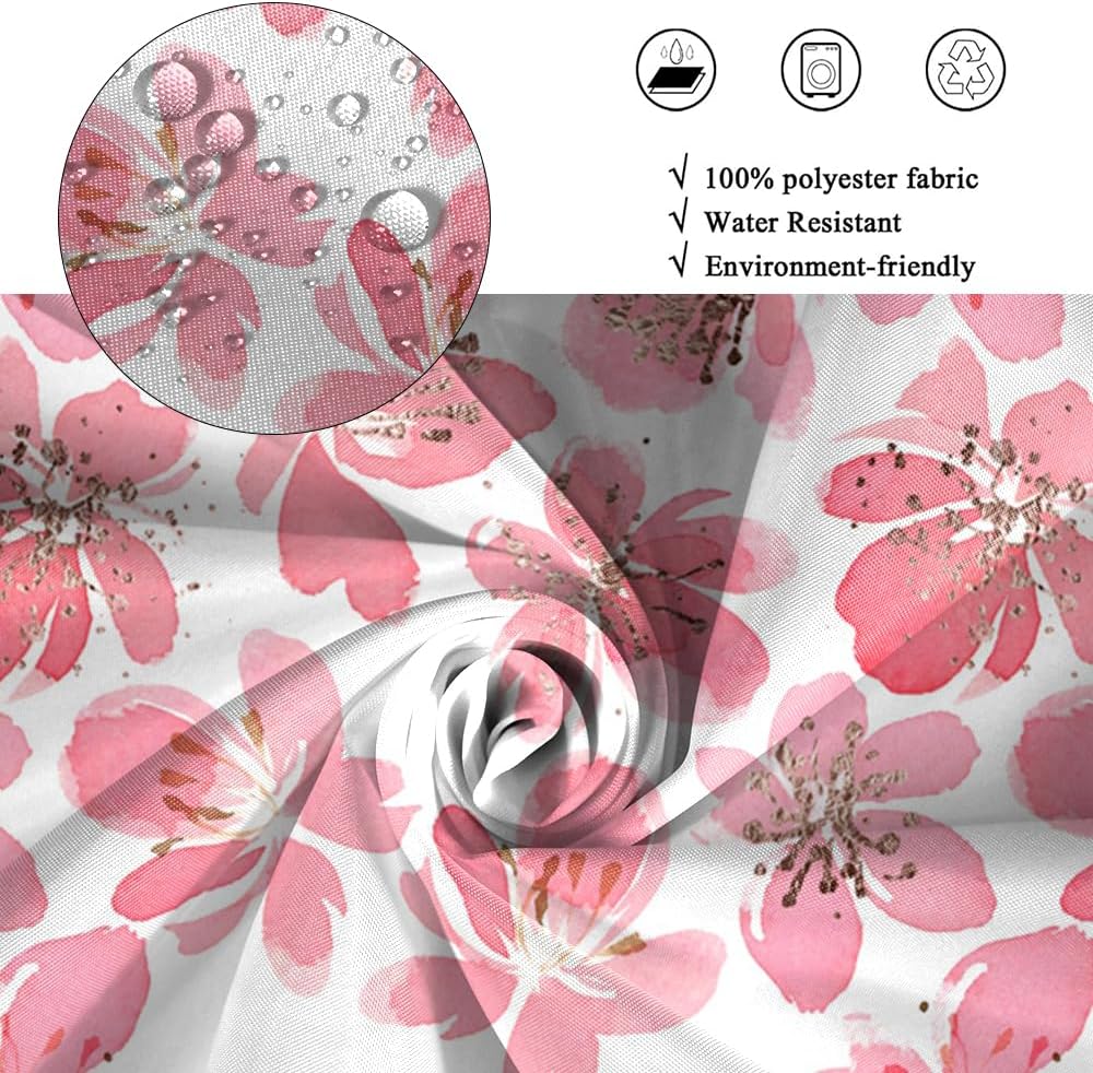 Pink Floral Bathroom Shower Curtain Pink Cherry Blossoms Ink Painting Spring Romantic Theme Waterproof Polyester Fabric Shower Curtain Set with Hooks 72x72 Inch