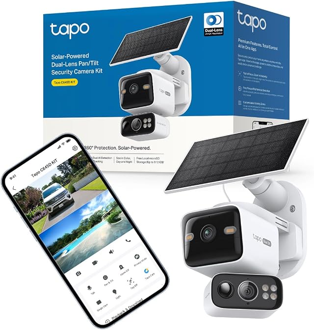 Tapo 2K+2K Camera Exterieur sans Fil Solaire Double Objectif,C645D KIT | Sans Angles Morts,Suivi IA des mouvements,Detection humains/animaux/véhicules avec Notifications Intelligentes, PIR Alarme