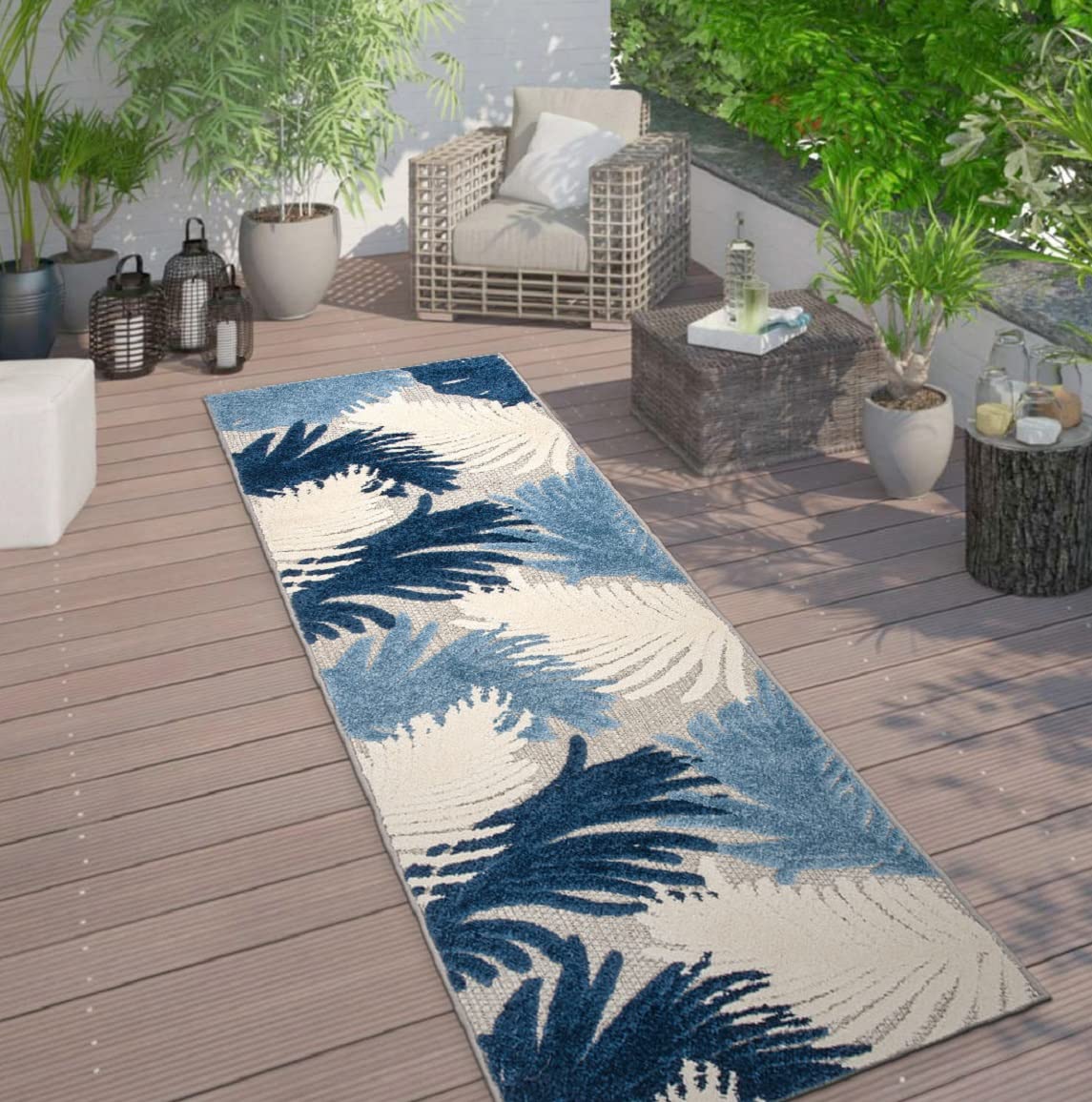 Rugshop Lucca Contemporary Floral Indoor/Outdoor Runner Rug 2' x 7' Navy
