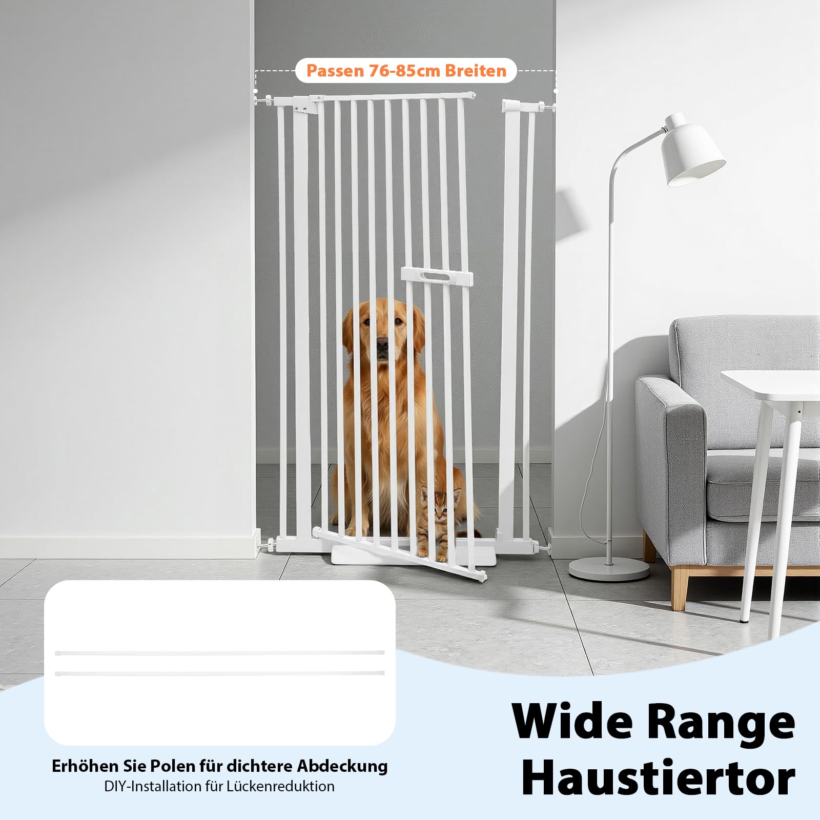 Rejilla protectora para mascotas (150 cm, ajustable), color blanco | Para puertas de pasillos de escaleras; sin taladrar; ancho ajustable (76-85 cm), ideal para perros y gatos, seguro y flexible