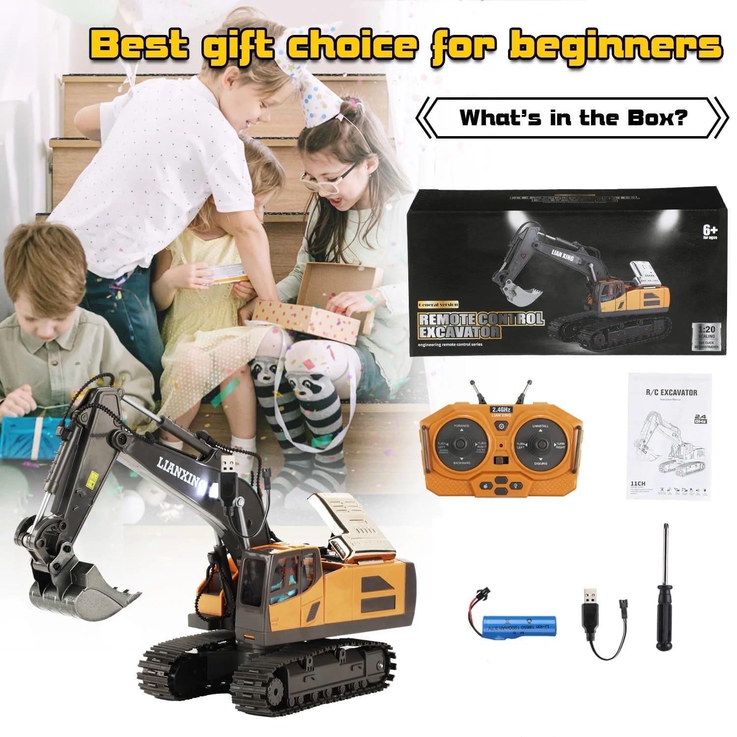 JOYJAY New Radio Control J-C-B Excavator Toy for 6-12 Yr Boys, Best Birthday Gifts for Kids 7 8 9 10 11 Year Old, Rc Construction Toys with Metal Shovel, Lights, Sounds 2.4Ghz, Multicolor 4