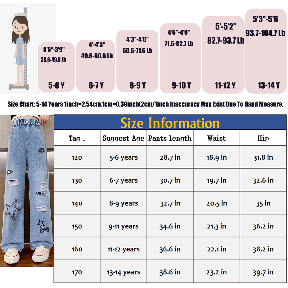 Jeans rasgados para niñas y niñas, cintura elástica, pierna ancha, holgados, talla 5-14 años