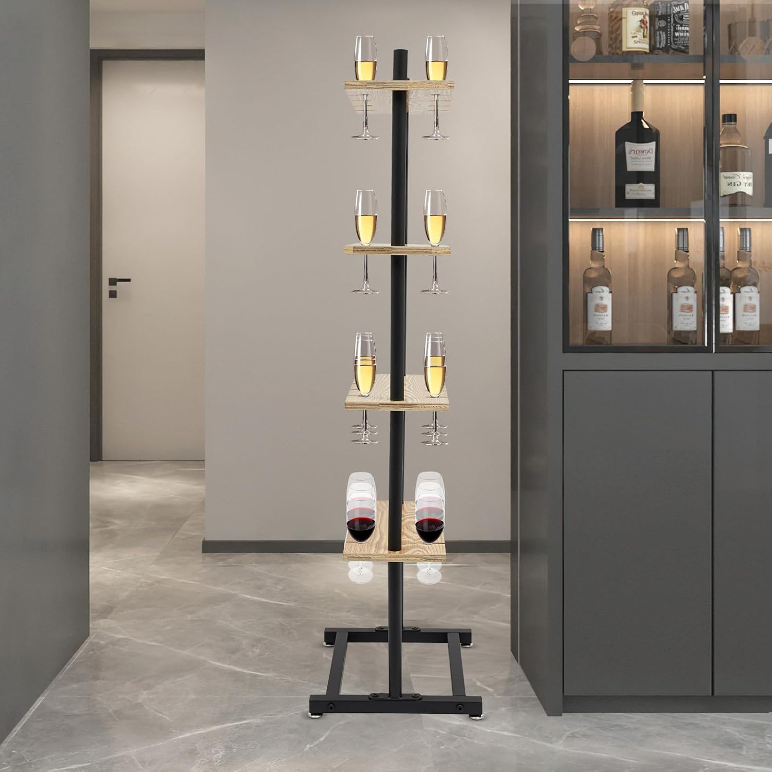 Champagne Glass Holder, 4 Tiers Champagne Rack 32 Champagne Glass Stemware Rack 44.09 Lbs Capacity Wine Glasses Stand Wood Champagne Wall Stand for Wedding, Birthday, Party, Bars