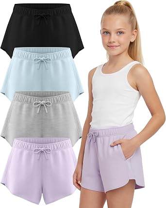PURE CHAMP Girls Shorts 4 Pack Girls Athletic Shorts Ultra-Soft Youth Quick Dry Dolphin with Drawstring Size Toddler -16