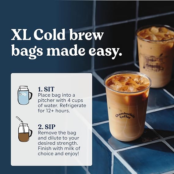 Chamberlain Coffee Organic Cold Brew Large Coffee Bags Medium Roast - Premeasured, Ready to Brew - Makes 4 Cups per Bag - Perfect for Iced Coffee, Convenient and Easy Brewing Experience - 8.5 oz