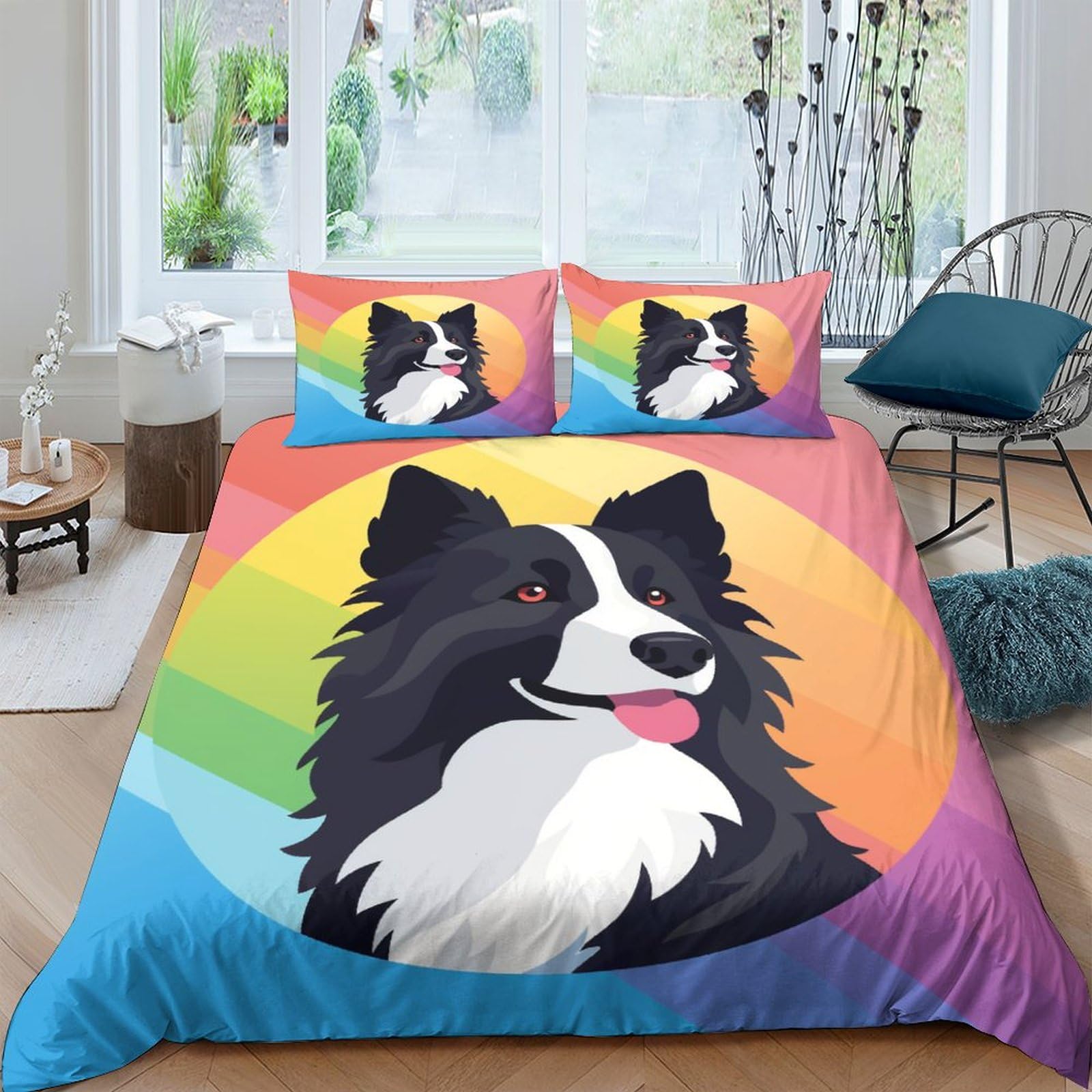 Housse de couette 3D chien arc-en-ciel 200x200 parure de lit microfibre avec taies