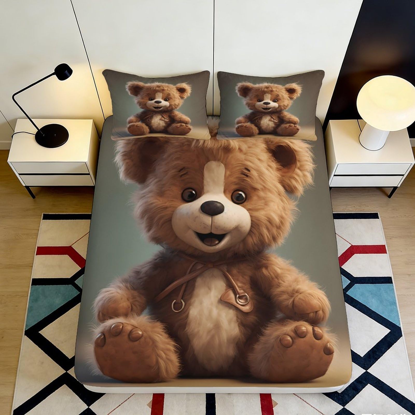 3D Printed Cute Teddy Bear Fitted Sheet Microfiber Soft Breathable Cartoon Bear Bed Cover for Bedroom Dormitory Guest Room Mattress Protection 180x200x25cm