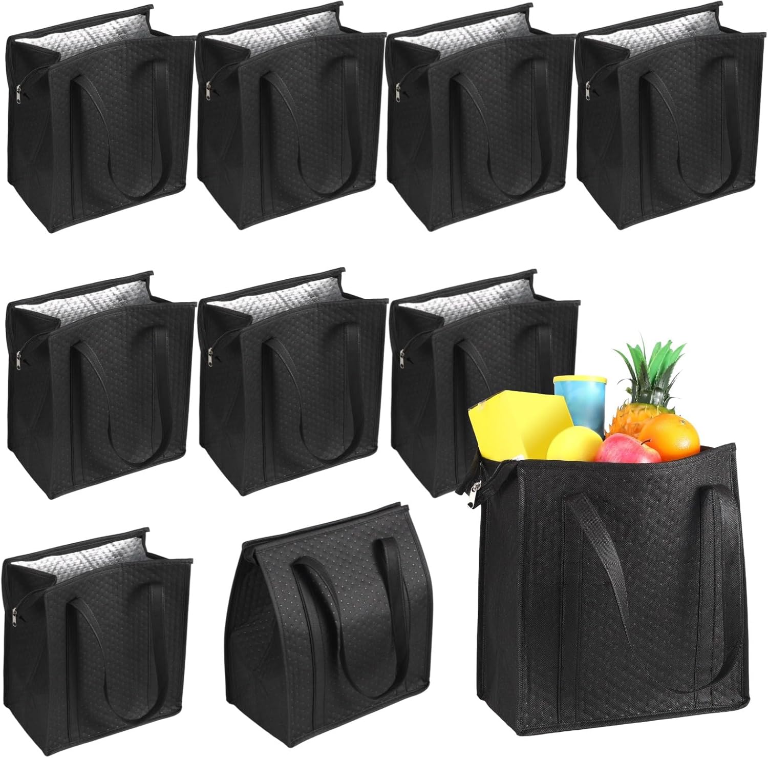 Reusable Cooler Bag with Aluminum Foil Lining, 10 Pcs 18 L Large Insulated Bags for Groceries with Zipper, 11.8 X 13 in Thermal Totes for Food Delivery, Picnic, Camping