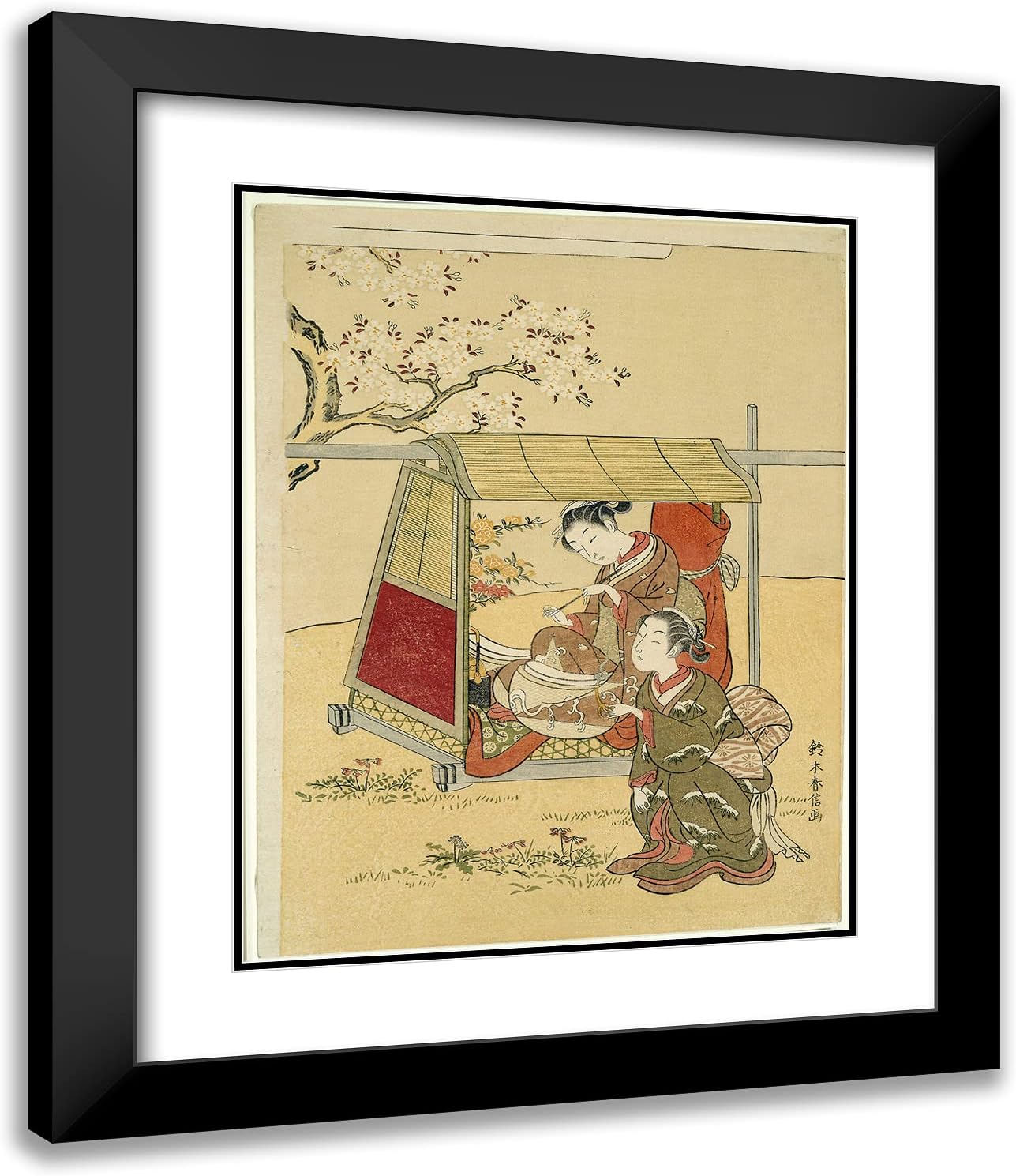 ArtDirect Suzuki Harunobu 20x24 Black Modern Framed and Double Matted Art Print Titled Resting in a Palanquin Beneath Cherry Blossoms