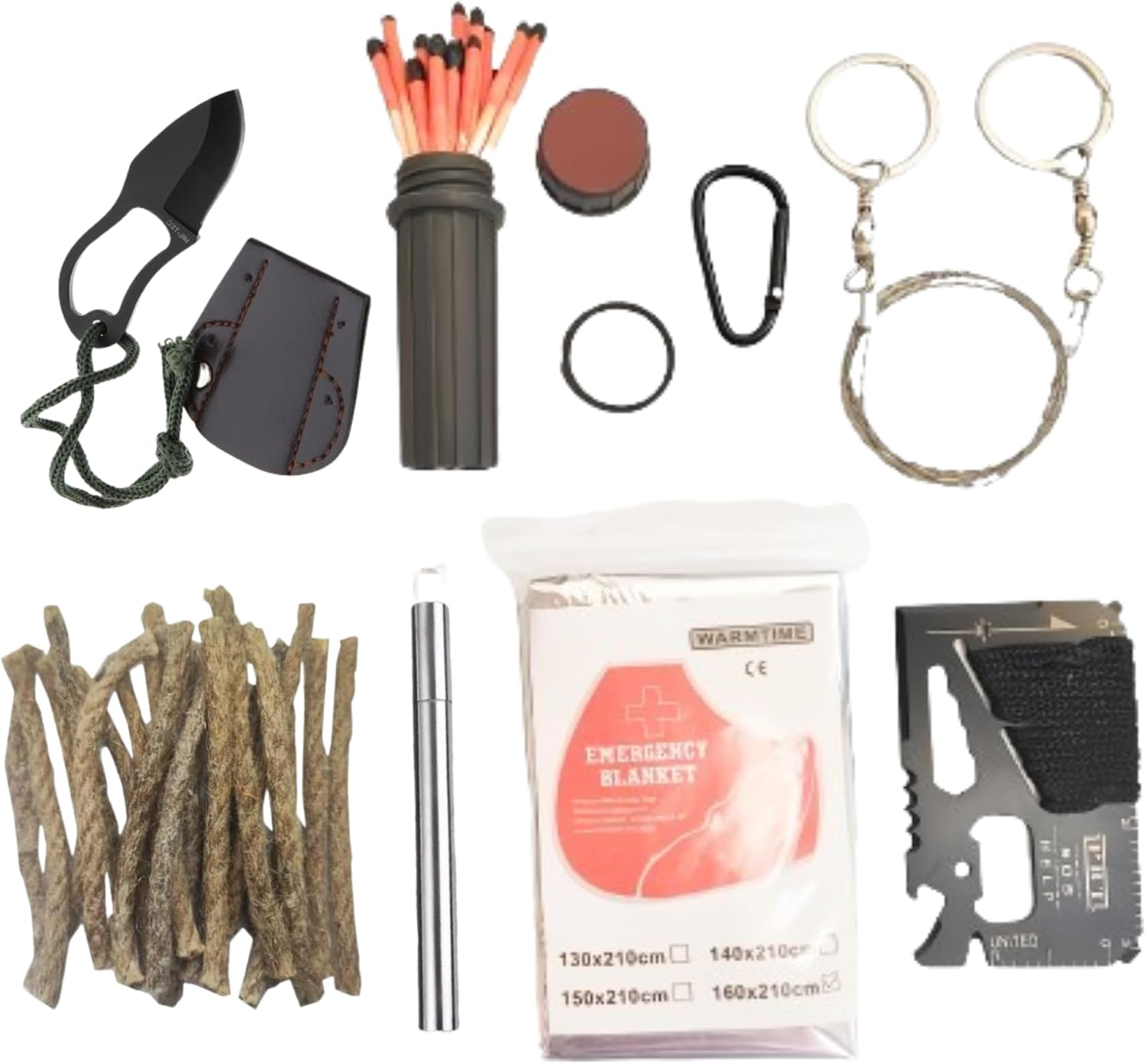 Emergency Survival Kit & Fire Starter Set with Matches, Rope, Saw, Blanket